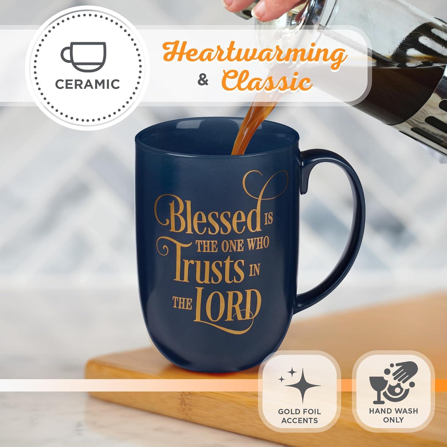 Christian Art Gifts Ceramic Large Coffee & Tea Mug for Men & Women: Blessed is the One Who Trusts - Jeremiah 17:7 Inspirational Bible Verse w/Golden Accents & Sturdy Handle, Navy Blue, 15 fl. oz.