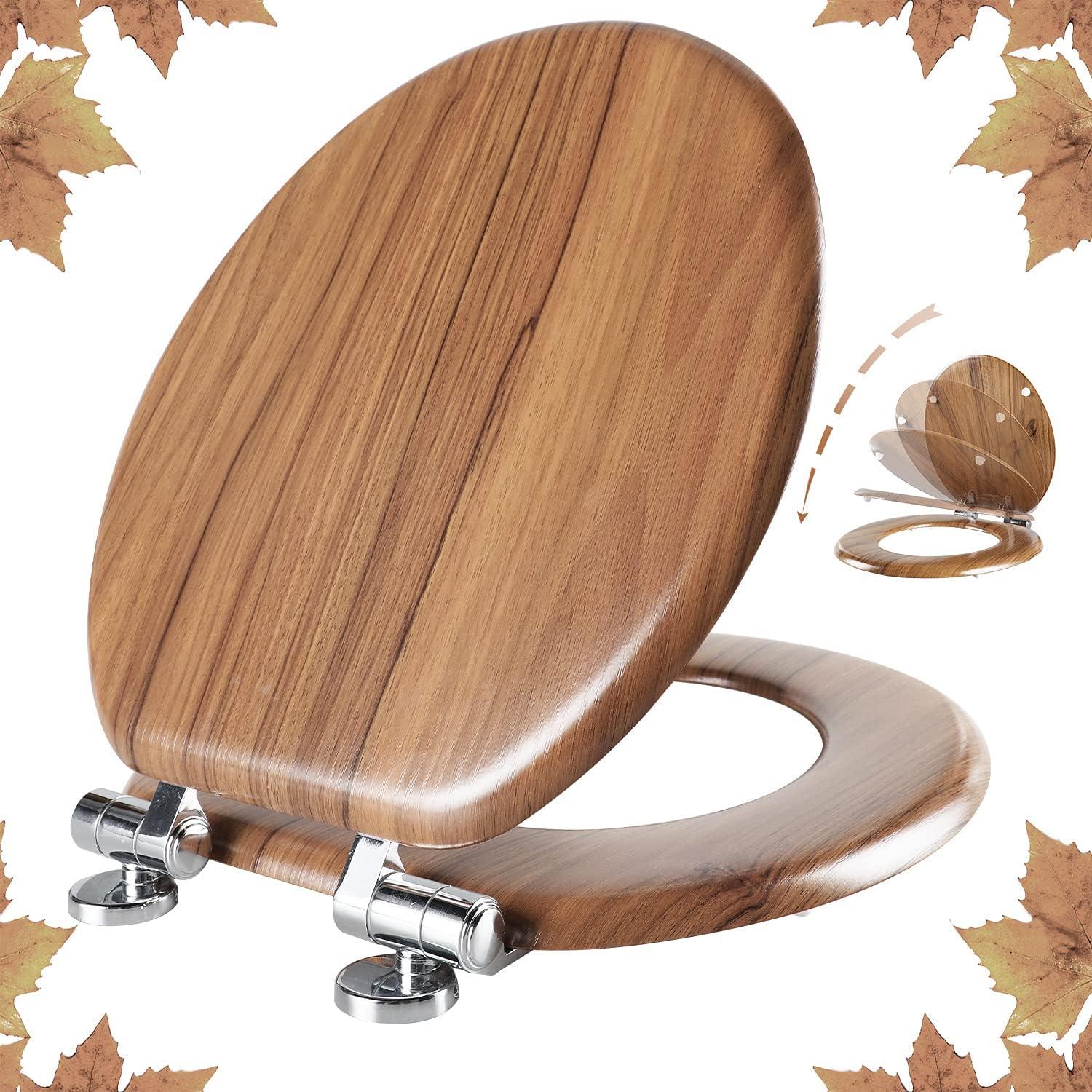 Round Natural Wood Toilet Seat with Slow Close Hinges