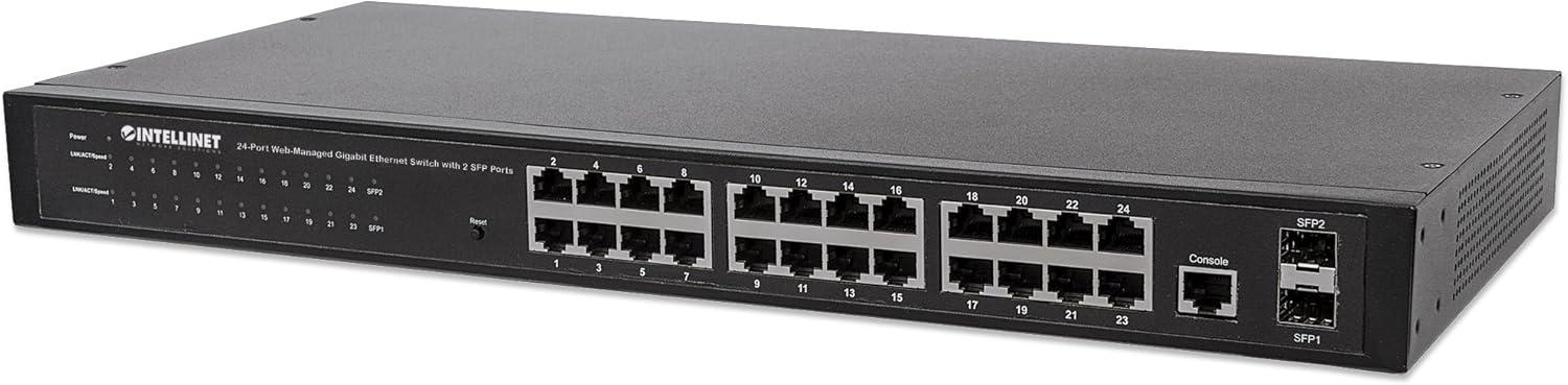 Intellinet 24-Port Web-Managed Gigabit Ethernet Switch with 2 SFP Ports | Fanless | VLAN, SNMP, 802.1X | NDAA