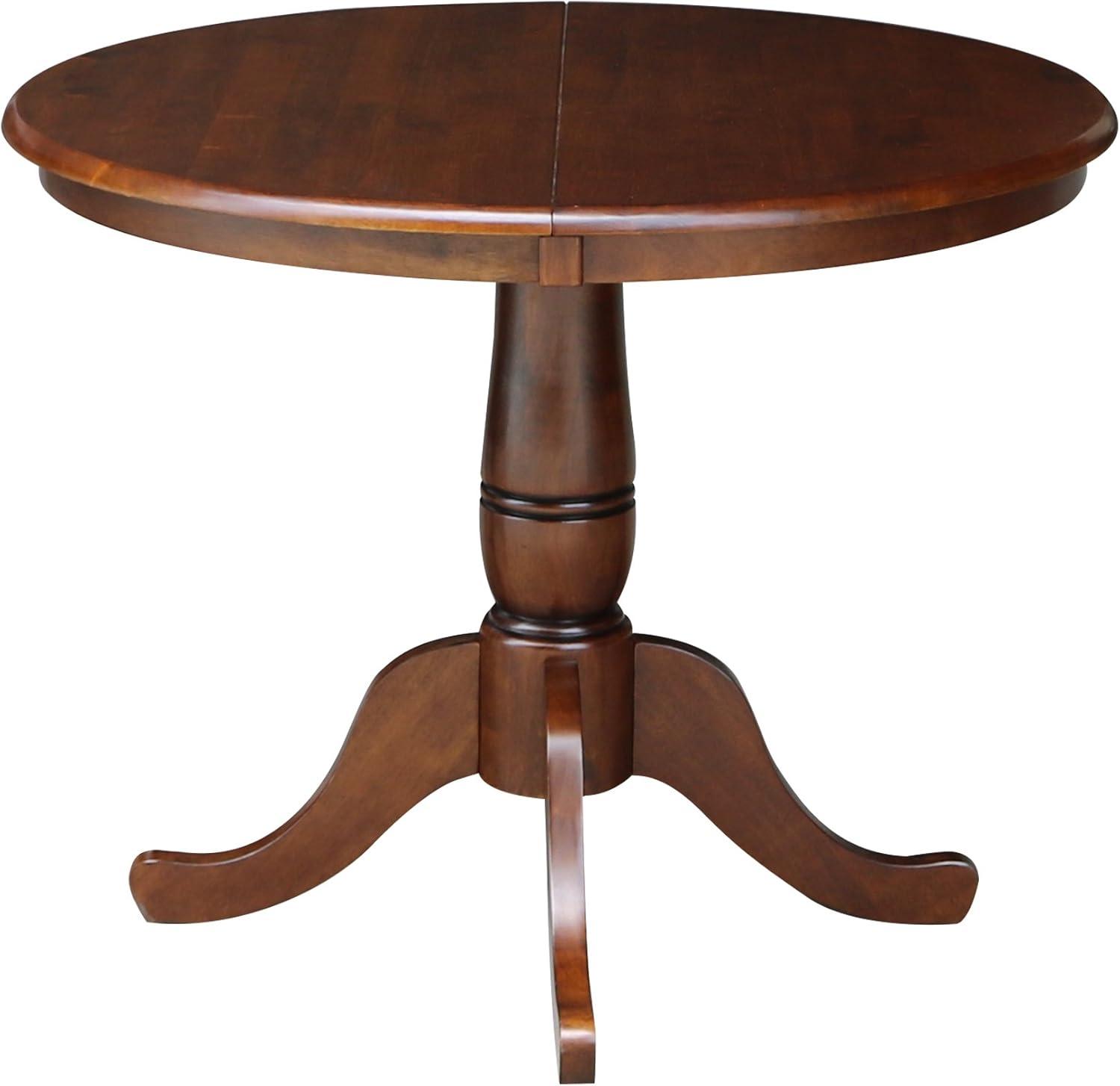 International Concepts Round Pedestal 36" Extendable Dining Table with 12" Drop Leaf: Mid-Century Style, Seats 4, Hardwood