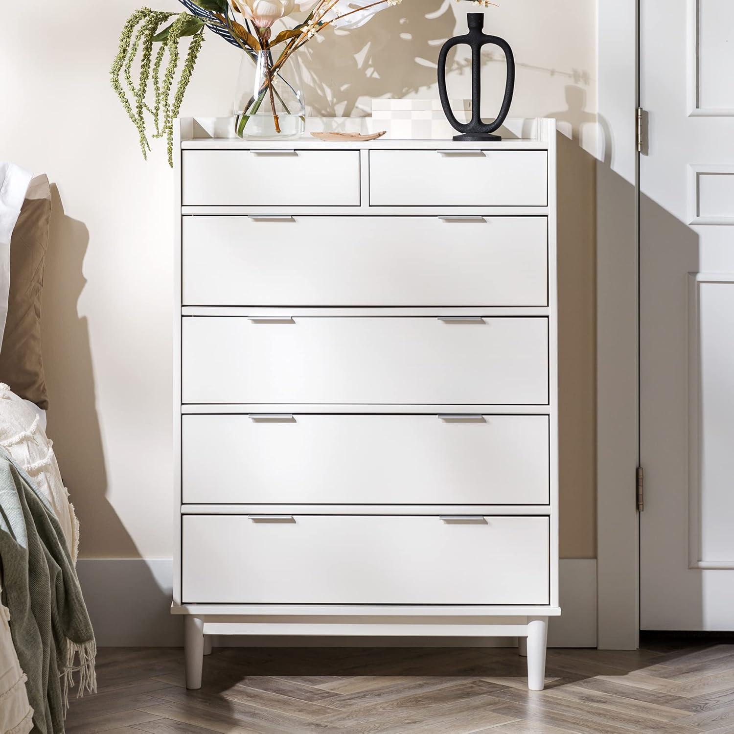 White Solid Wood Mid-Century Modern 6-Drawer Tall Dresser