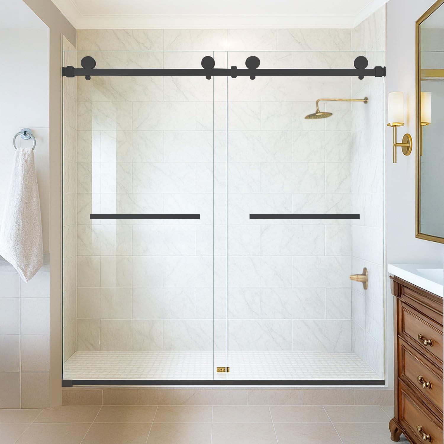 56" - 60" W 74” H Double Sliding Frameless Shower Door with Fixed Glass Panel