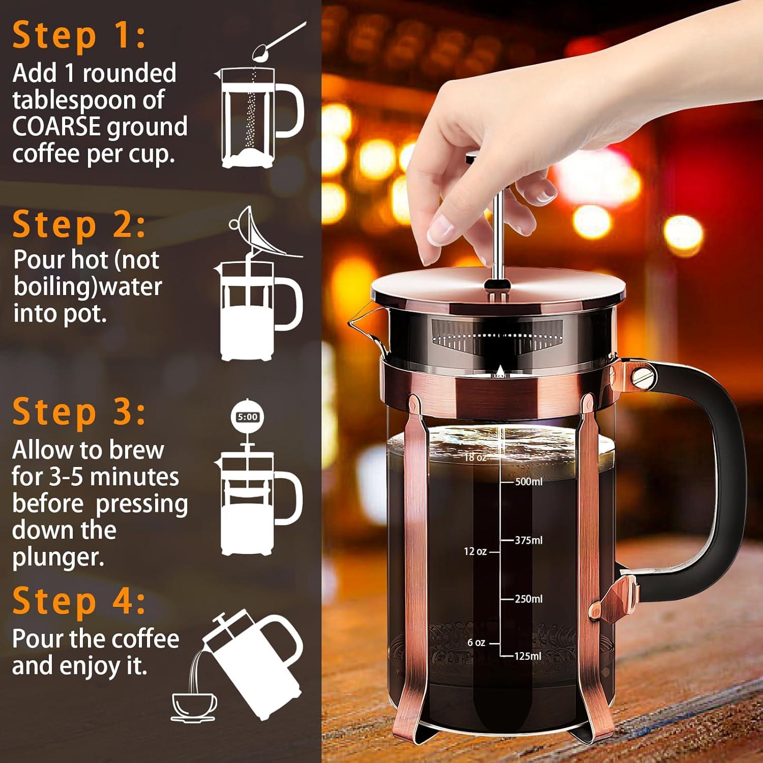 French Press Coffee Maker (21oz 600ML 3-4Cup) Coffee Press, with 4 Filters System, Heat Resistant Thickness Borosilicate Glass, Cold Brew Coffee Tea Pot Gifts (Copper)