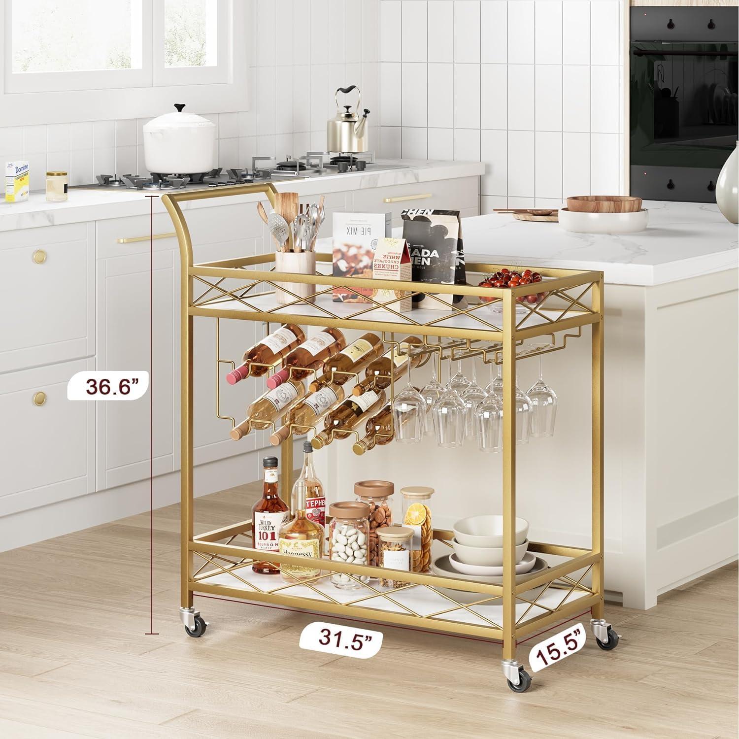 Ataucjin 2 Tier Gold Bar Cart on Wheels Serving Cart With White Marble Finish Wood Shelf Wine Rack & Glass Holder Microwave Cart Drink Cart Rolling Beverage Cart For Home Kitchen Dining Party