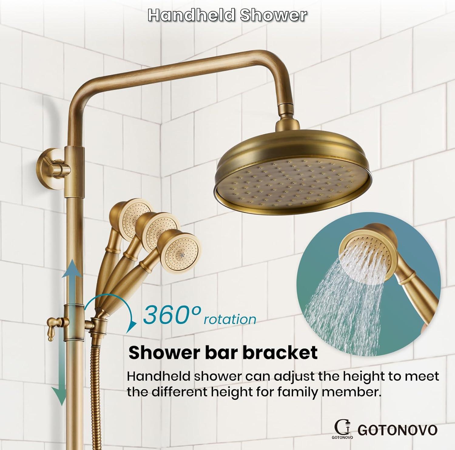 Antique Brass Adjustable Height Rainfall Shower System with Handheld Sprayer