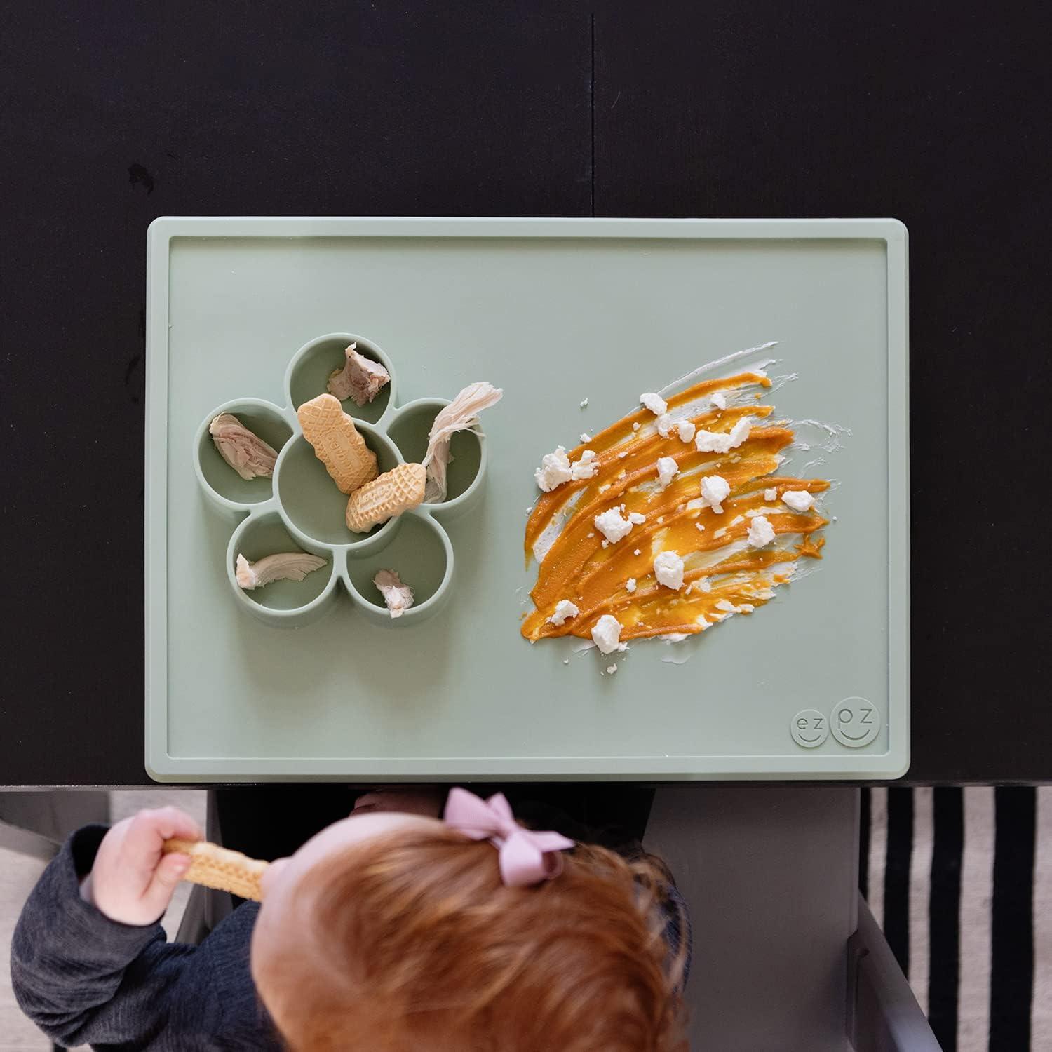 ezpz Play Mat for Baby + Toddler - 6 Months+ (Sage) - Suction Plate with Flower Compartments for Crafts, Painting, Sorting, Snack Time - Fits Standard Piece of Paper
