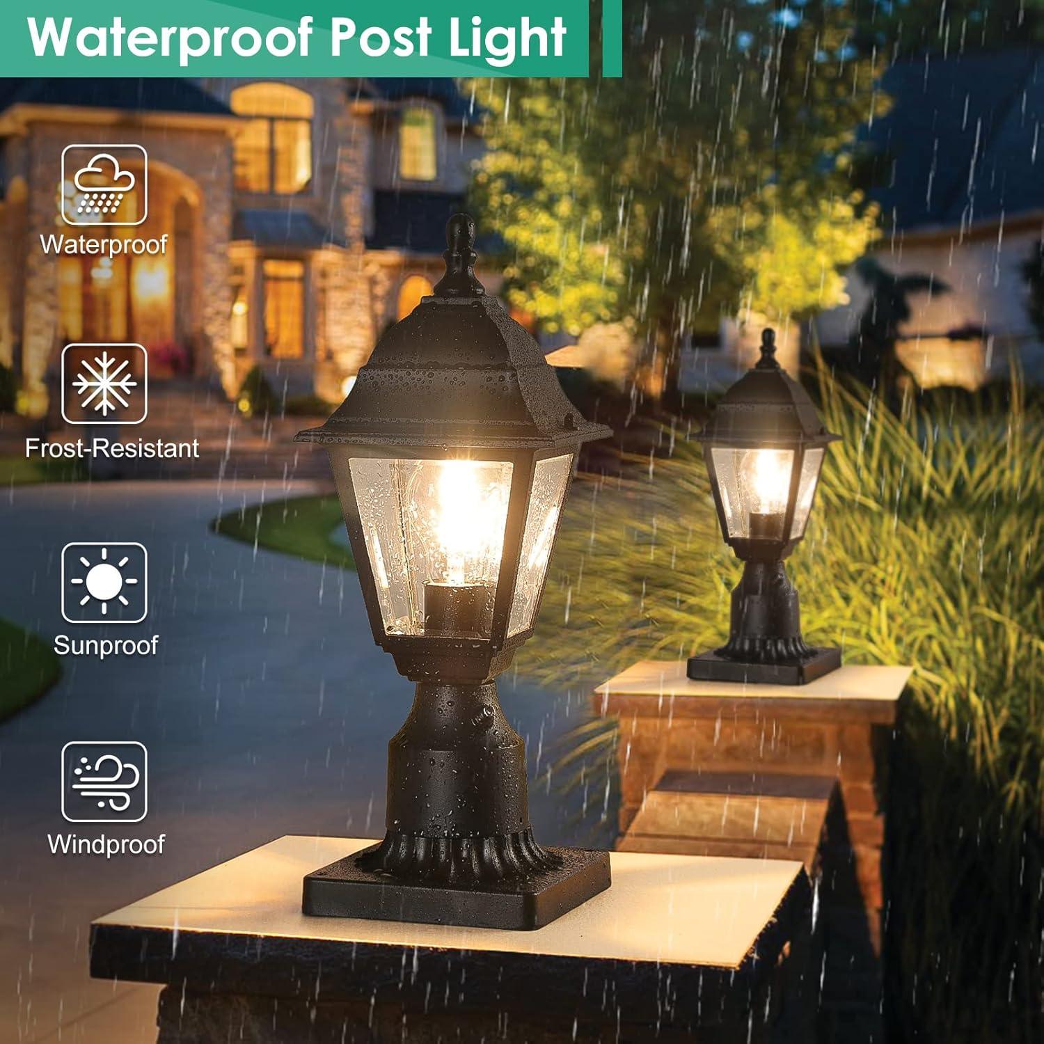 Black Metal Dusk to Dawn Outdoor Post Lights with Clear Glass, 2-Pack