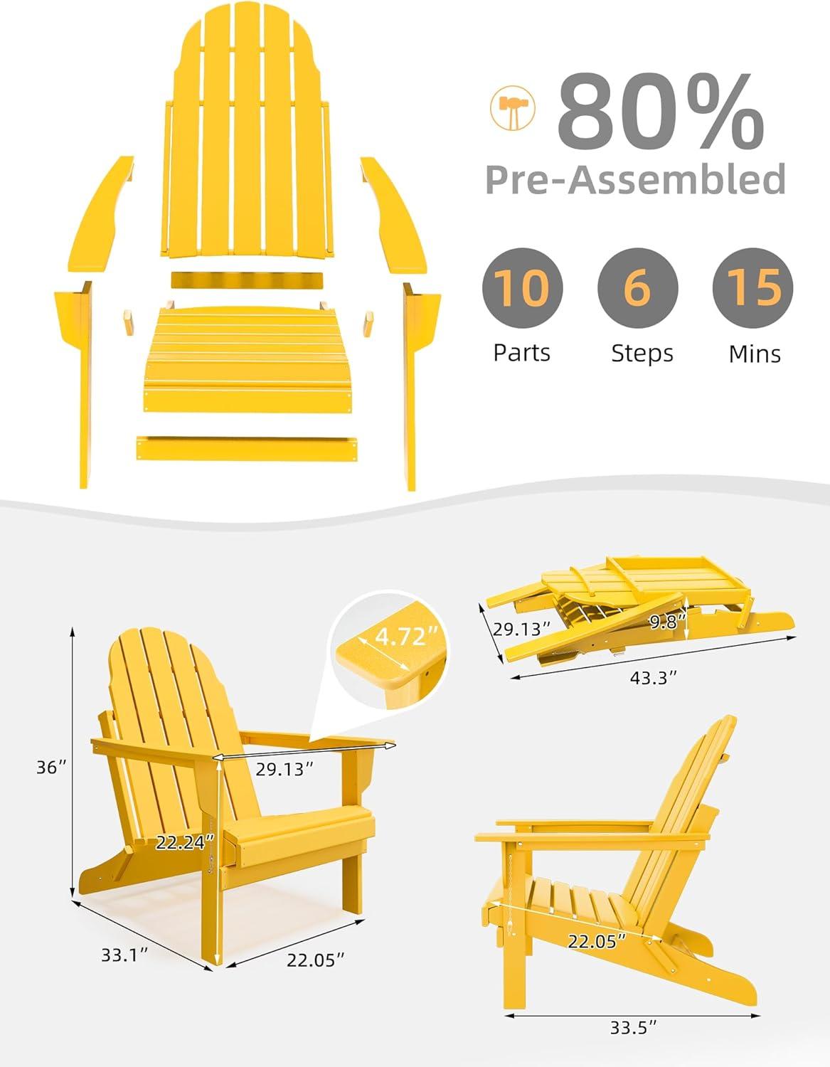 Folding Adirondack Chair - Durable HDPE Poly Lumber All-Weather Resistant, Foldable Oversized Balcony Porch Patio Outdoor Chair for Lawn, Backyard, Deck, Garden, Camping - Easy Installation, Yellow