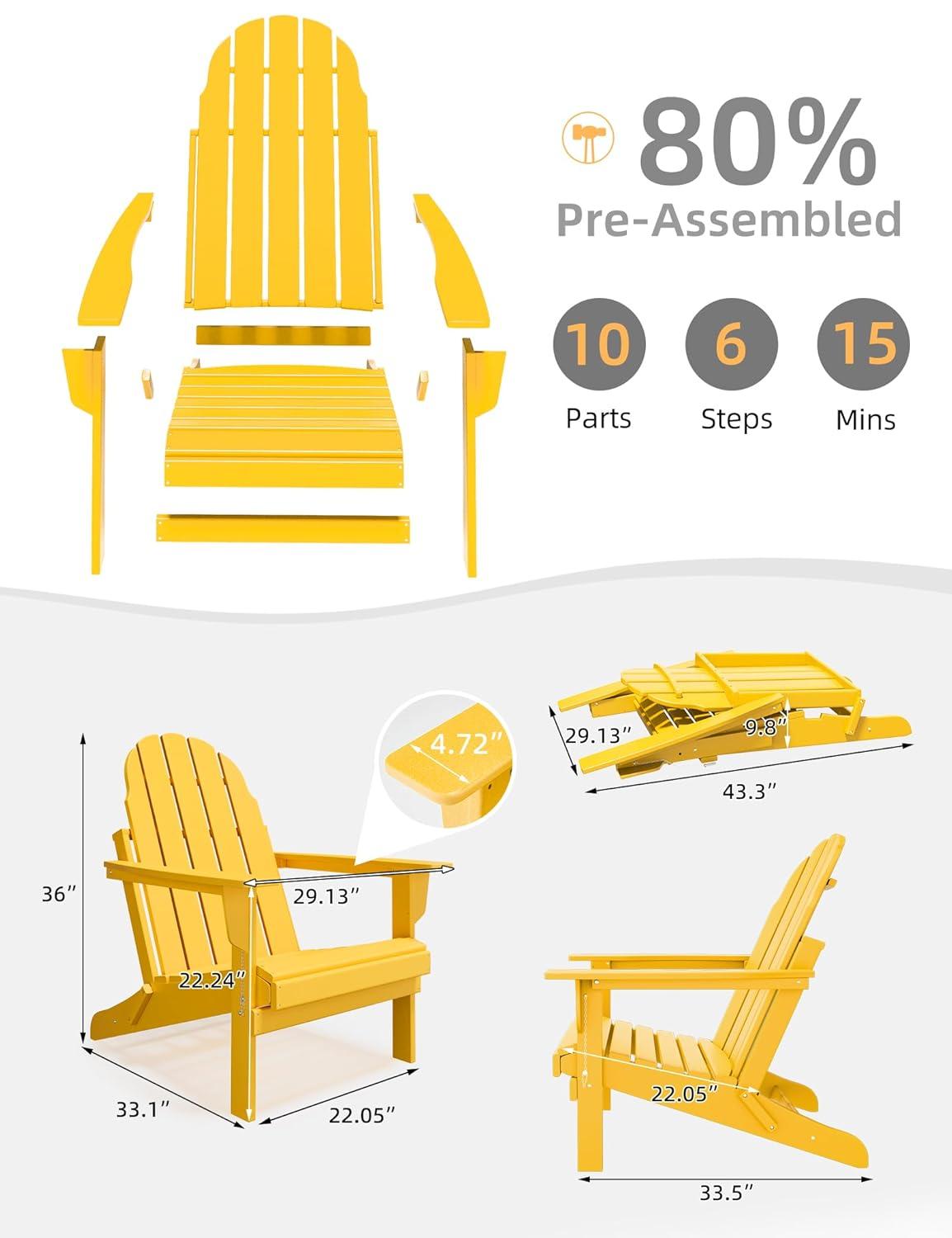 Folding Adirondack Chair - Durable HDPE Poly Lumber All-Weather Resistant, Foldable Oversized Balcony Porch Patio Outdoor Chair for Lawn, Backyard, Deck, Garden, Camping - Easy Installation, Yellow