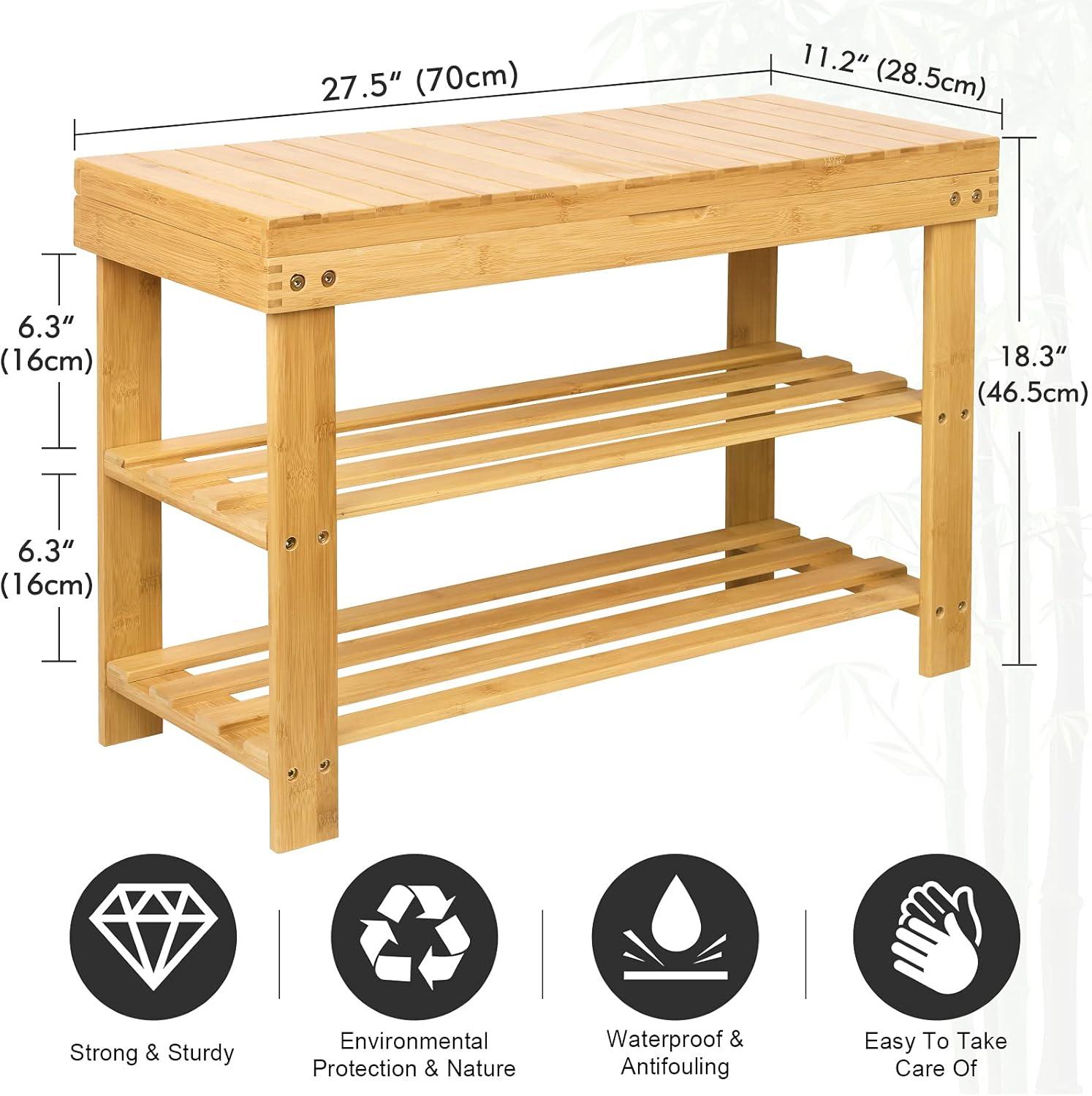 Natural Bamboo Shoe Rack Storage Bench with Drawer