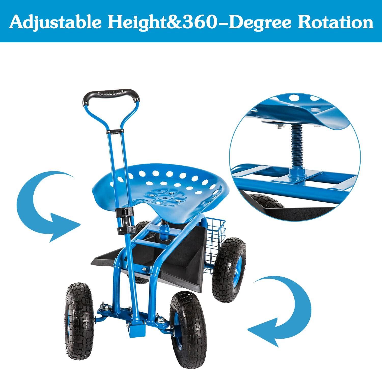 Rolling Garden Cart Scooter Stool - Garden Seat with Wheels Garden Cart with Seat, Adjustable Handle 360 Degree Swivel (Blue)