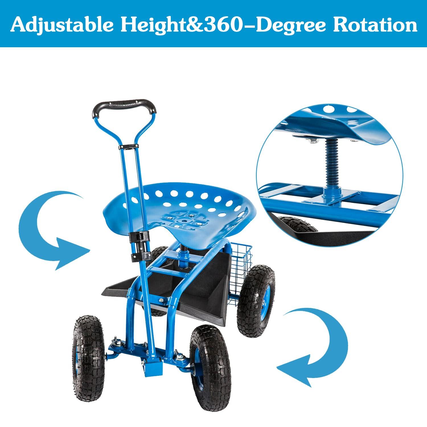 Rolling Garden Cart Scooter Stool - Garden Seat with Wheels Garden Cart with Seat, Adjustable Handle 360 Degree Swivel (Blue)