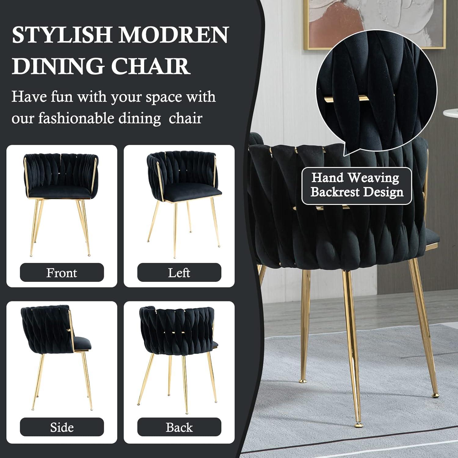 Mercer41 Dining Chairs Set of 2, Woven Upholstered Dining Chairs with Gold Metal Legs(Navy Velvet)
