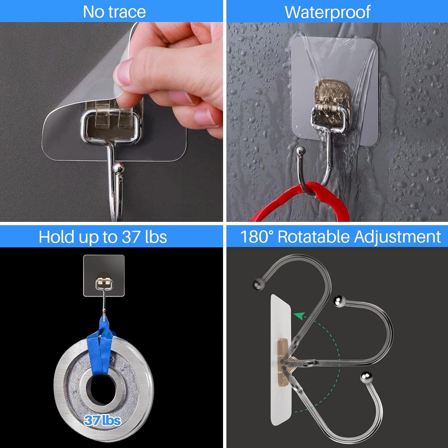 10-Pack Heavy Duty Adhesive Hooks, Holds up to 37 lbs, Waterproof Stick on Wall Hooks