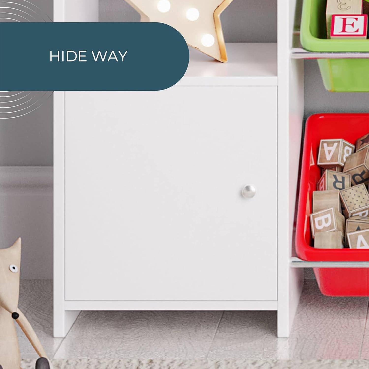 Sturdis Toy Storage Organizer with Bookshelf, Kids Playroom Organization Shelving Unit with Removable Colorful Storage Bins & Anti-Tip Bracket, White