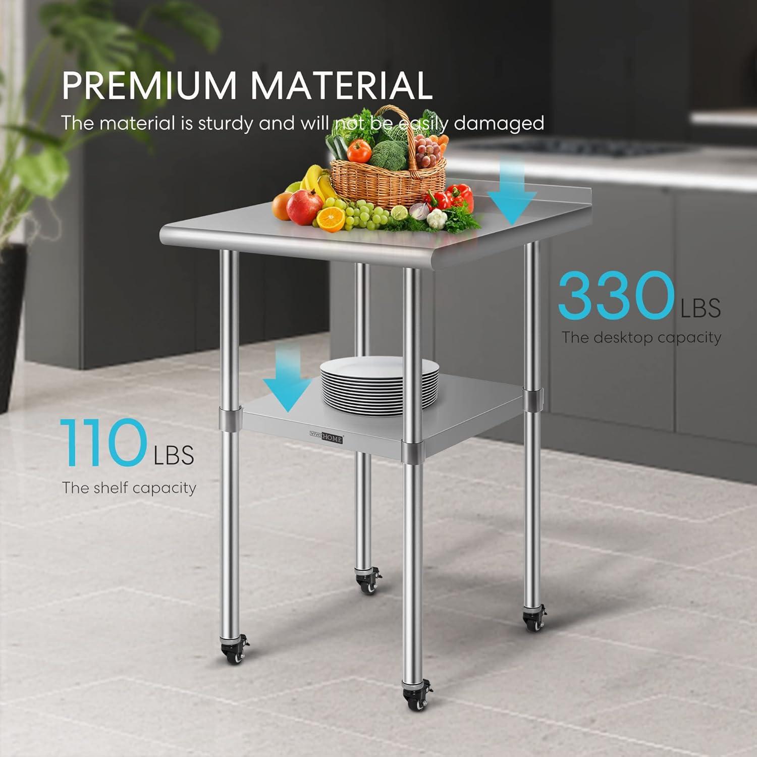 Stainless Steel Work Table with Backsplash and Wheels