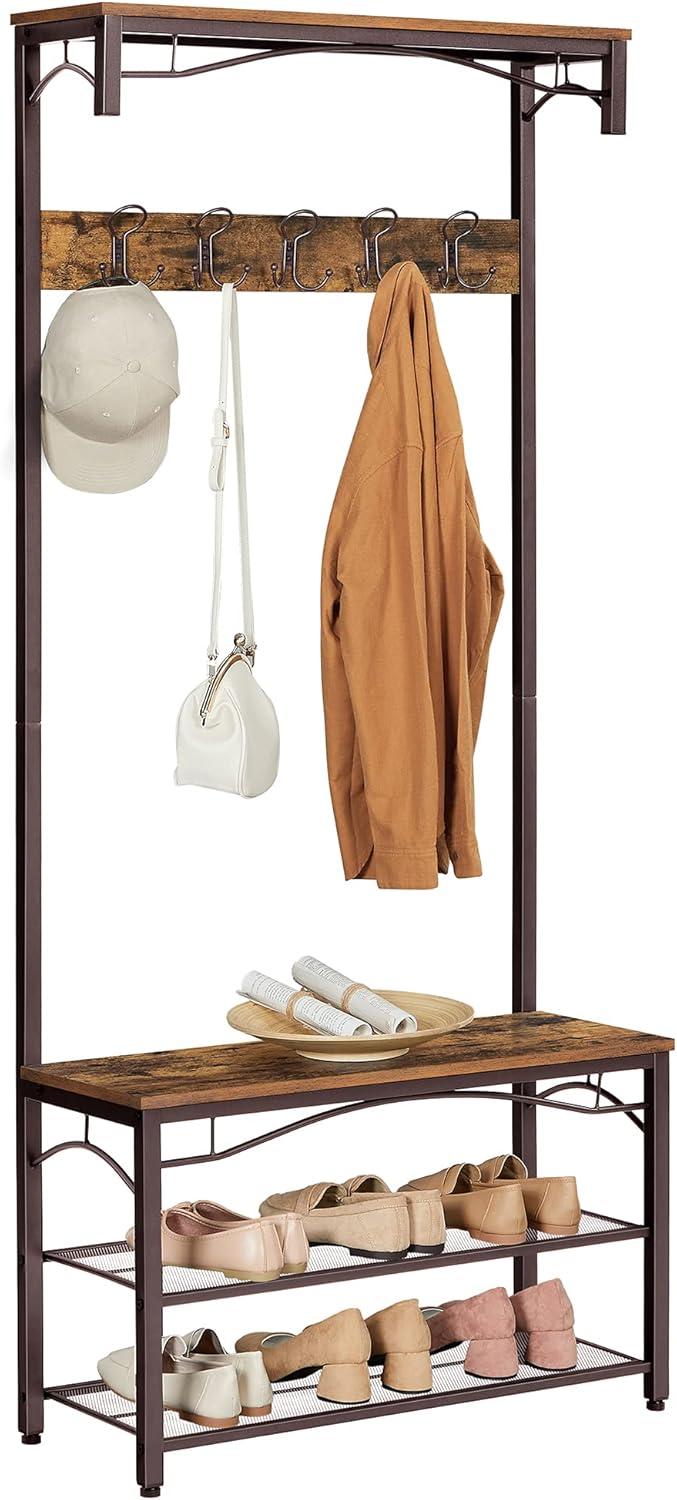 Industrial Coat Rack Stand, Shoe Rack Bench with Grid Memo Board, 9 Hooks and Storage Shelves, Hall Tree with Stable Metal Frame, Rustic Brown UHSR46BX