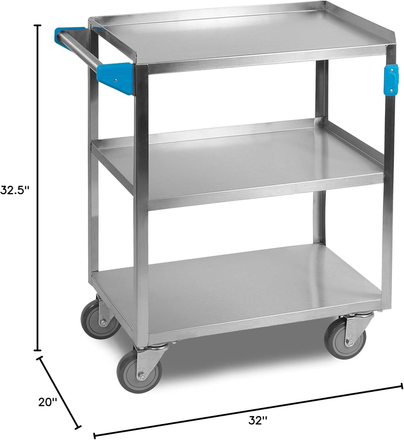 Stainless Steel 3-Shelf Utility Cart with Flat Ledge, Silver