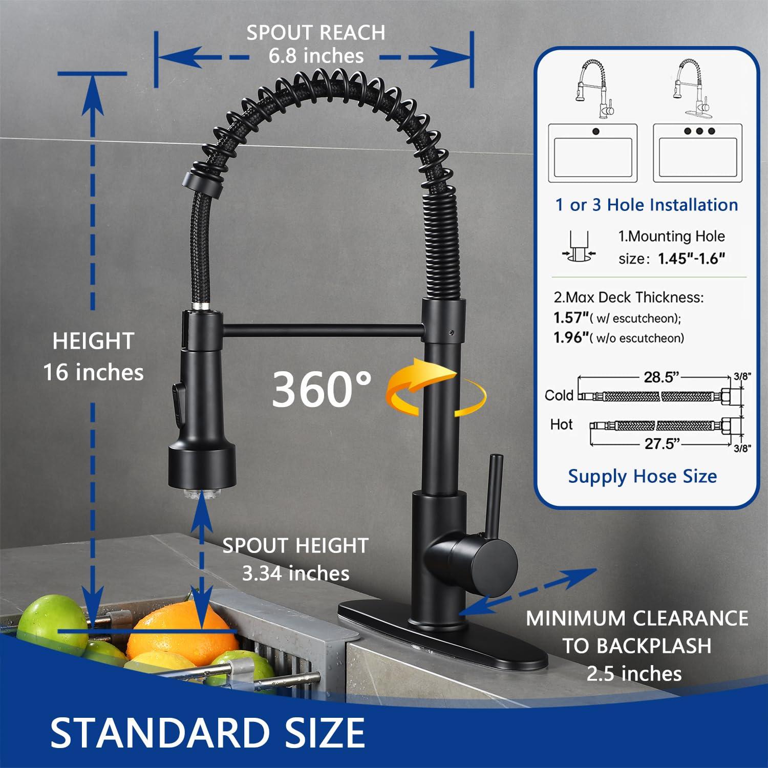 Kitchen Sink Faucet, Pull Down Spring Single Handle Stainless Steel Faucet with Sprayer with LED Light for bar Laundry and Utility Sink faucets (Matte Black)