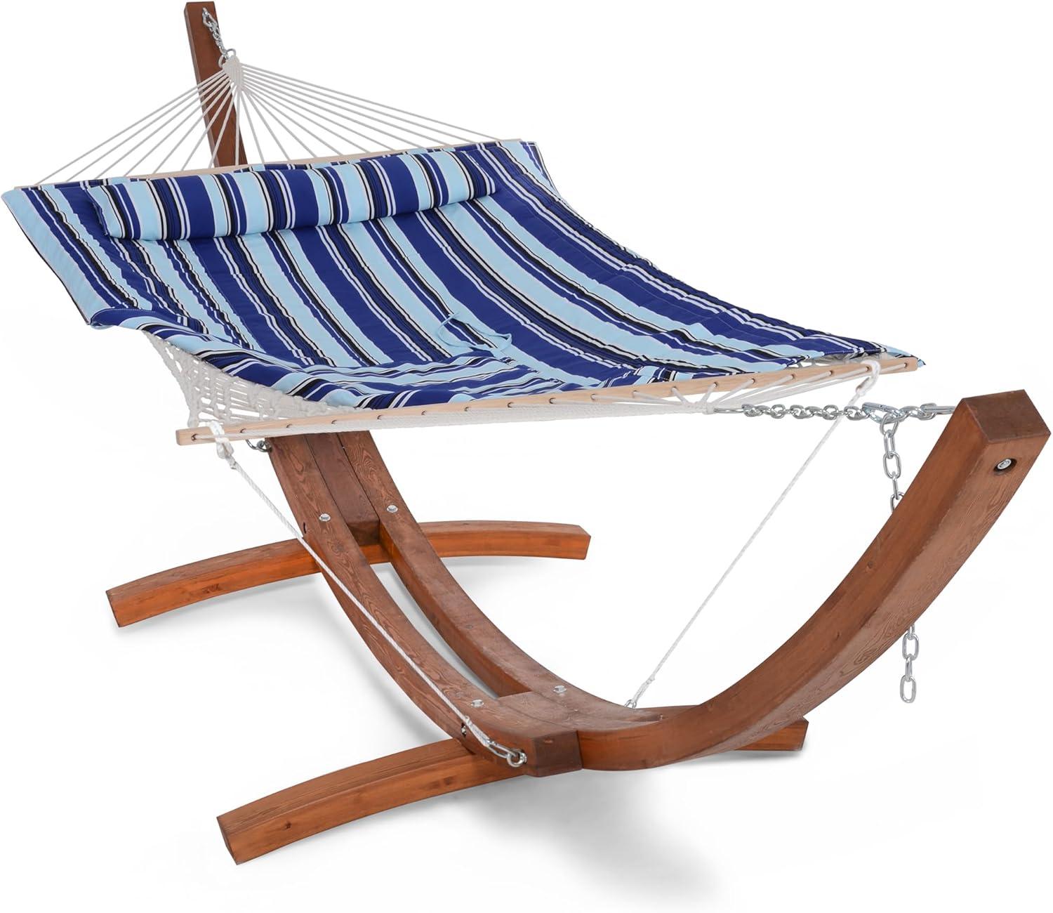 Sunnydaze Quilted Double Fabric 2-Person Hammock with Curved Arc Wood Stand - 400 lb Weight Capacity/13' Stand - Catalina Beach