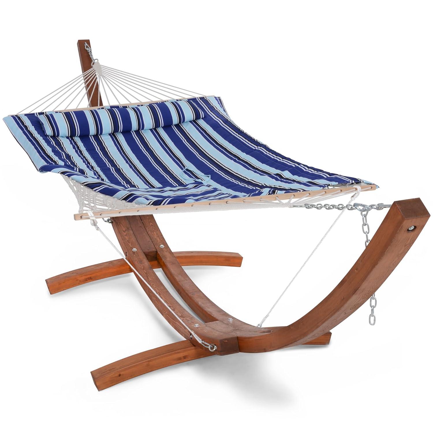 Sunnydaze Quilted Double Fabric 2-Person Hammock with Curved Arc Wood Stand - 400 lb Weight Capacity/13' Stand - Catalina Beach