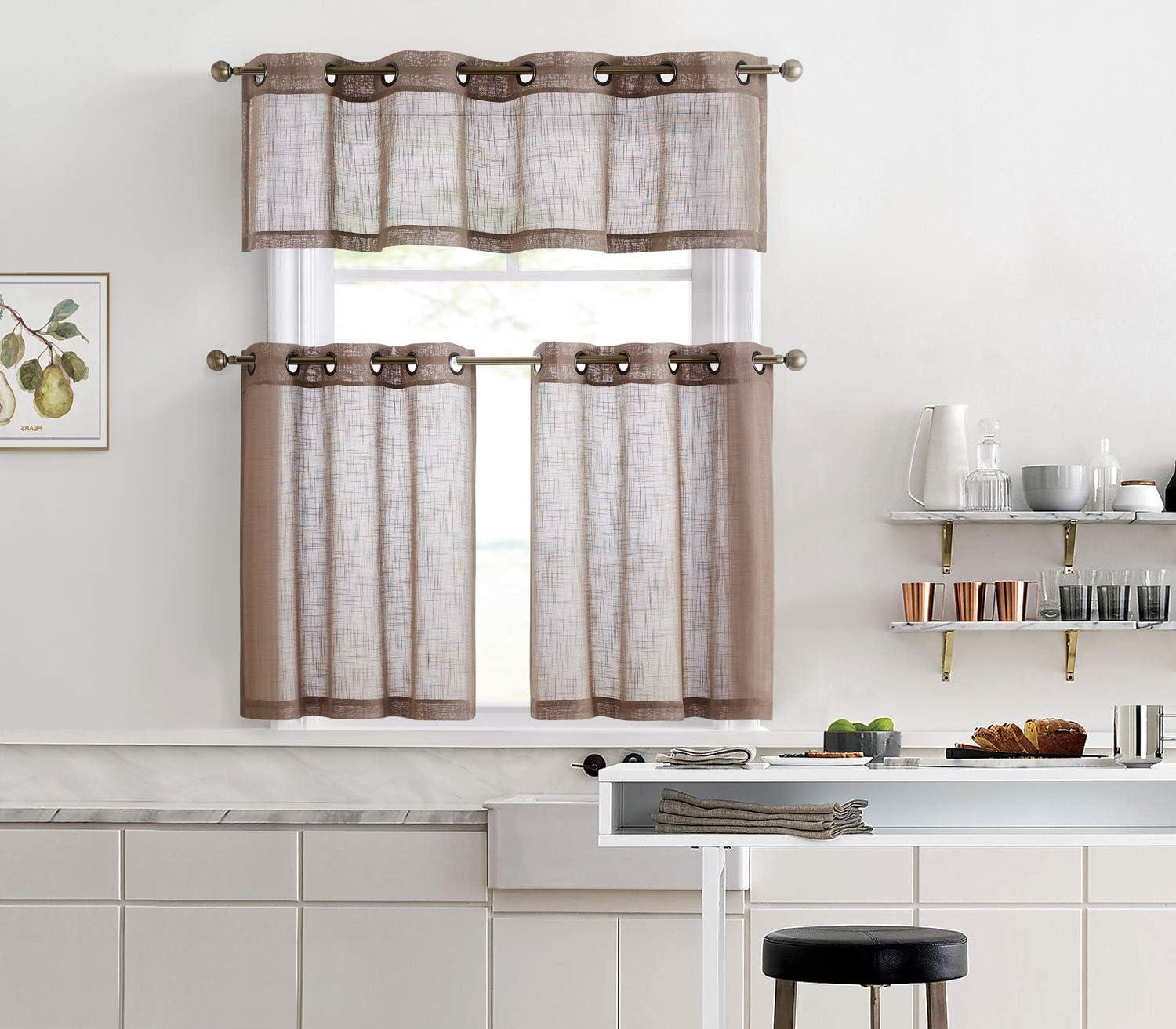 THD Serena Faux Linen Textured Semi Sheer Light Filtering Grommet Short Thick Cafe Curtain Tiers, Pair