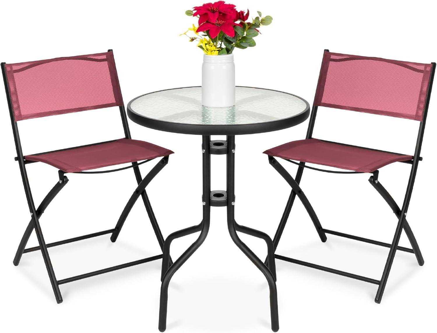 Best Choice Products 3-Piece Patio Bistro Dining Furniture Set w/ Glass Tabletop, Folding Chairs - Burgundy