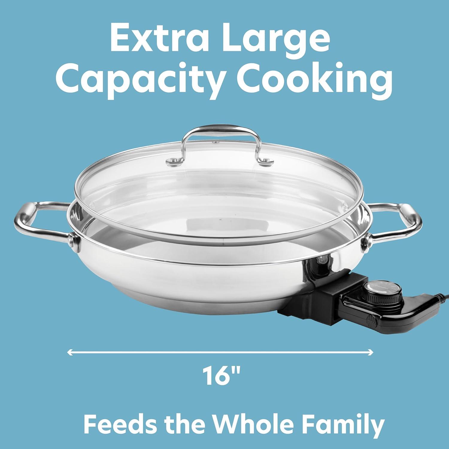 CucinaPro XL Electric 16" Skillet- 18/10 Stainless Steel Frying Pan w Lid and Handle, Round - Includes Recipe Guide- Great Gift for Cooks