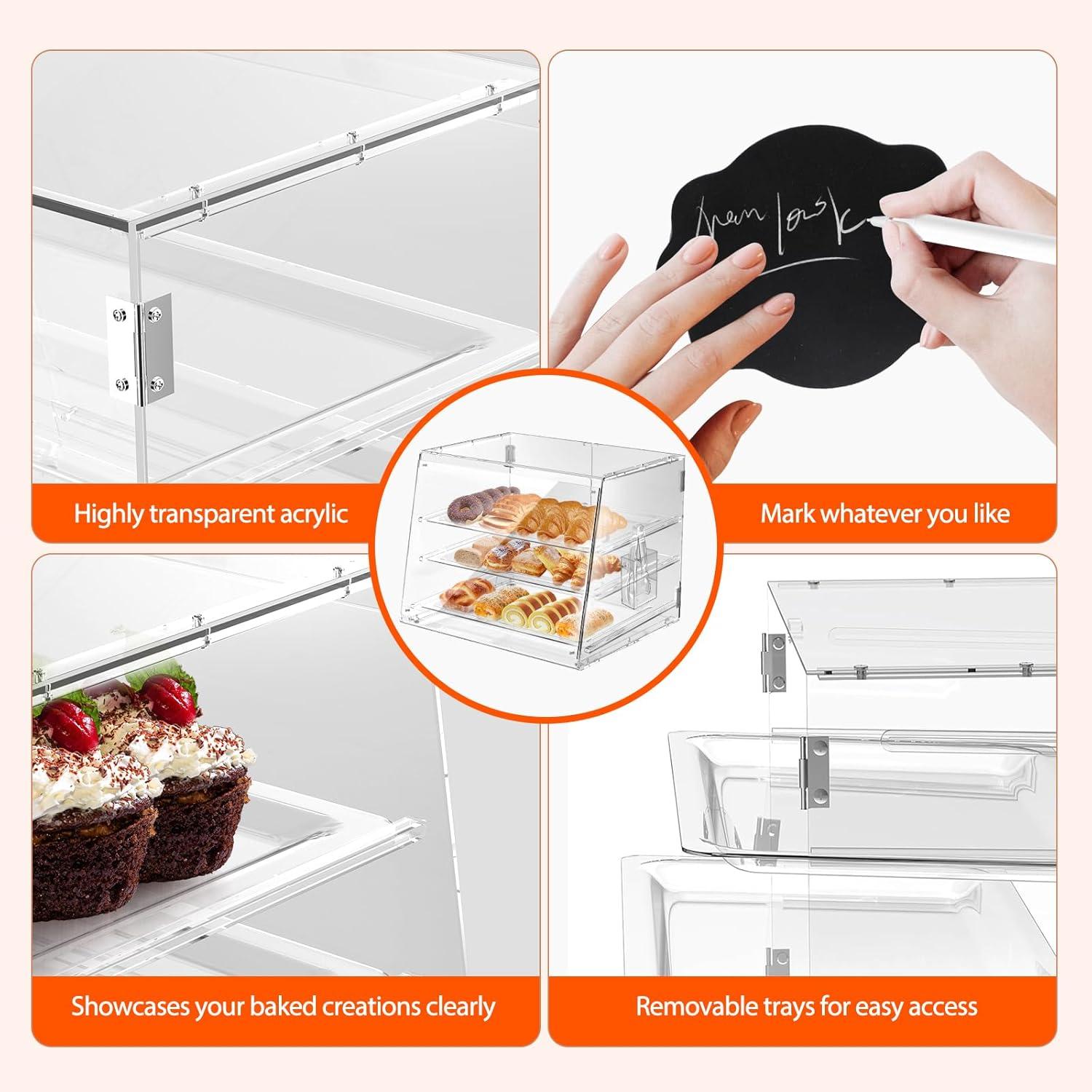 Clear Acrylic 3-Tier Countertop Bakery Display Case with Removable Trays