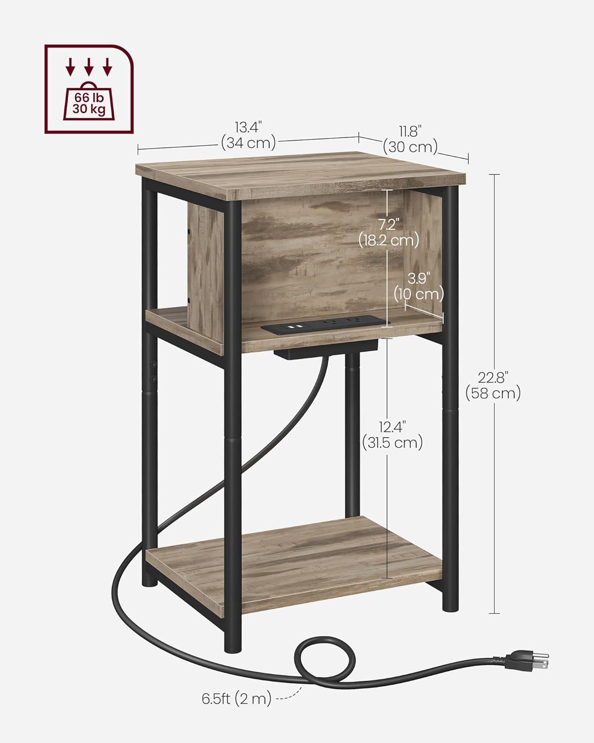 Camel Brown and Black Metal 3-Tier End Table with Charging Station