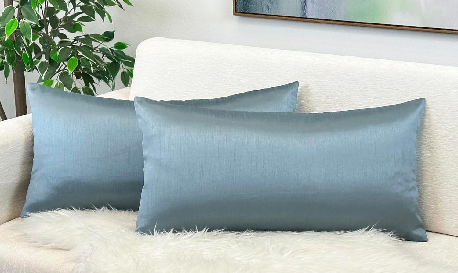 Slate Blue Faux Silk Rectangular Lumbar Pillow Covers, 12x24, Set of 2