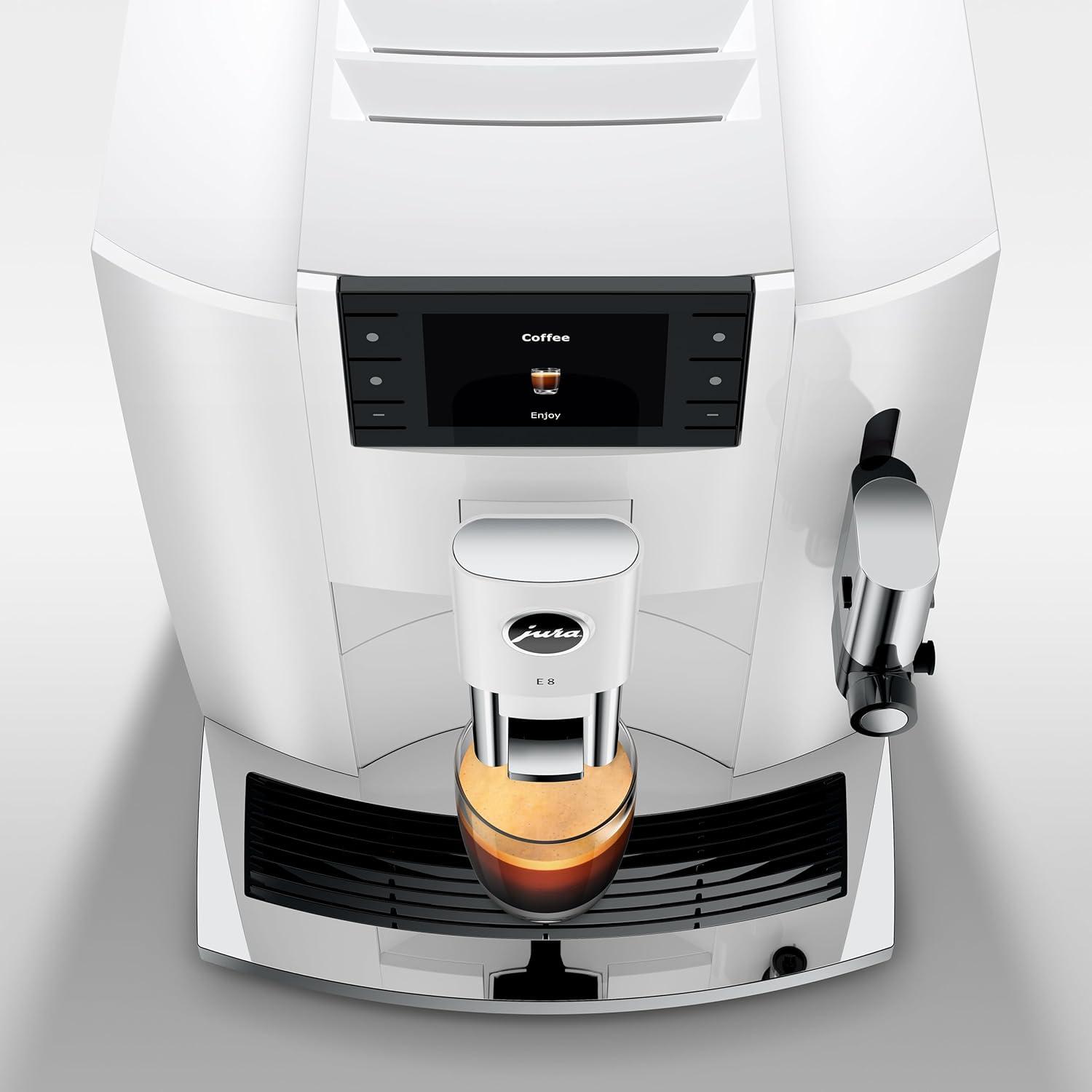 Jura E8 Coffee Machine with P.A.G.2 Grinder, 17 Specialties, 3.5-Inch Color Display, and One-Touch Cleaning System (Piano White)