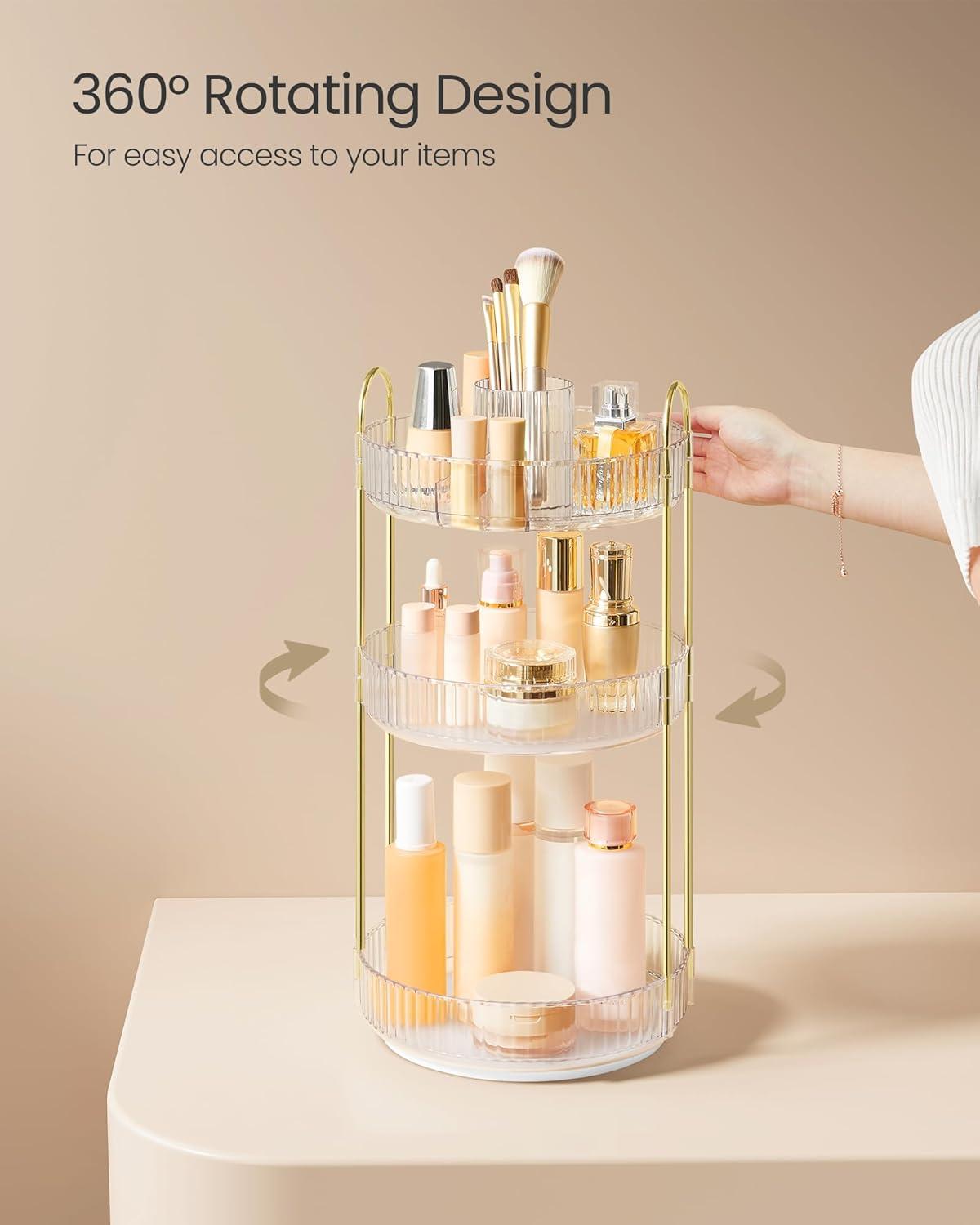 SONGMICS Makeup Organizer, 3-Tier Round Rotating Skincare Organizer Countertop, Customizable, Toiletries Vanity Organizer, Lazy Susan, Gift, Transparent UJKA011W02