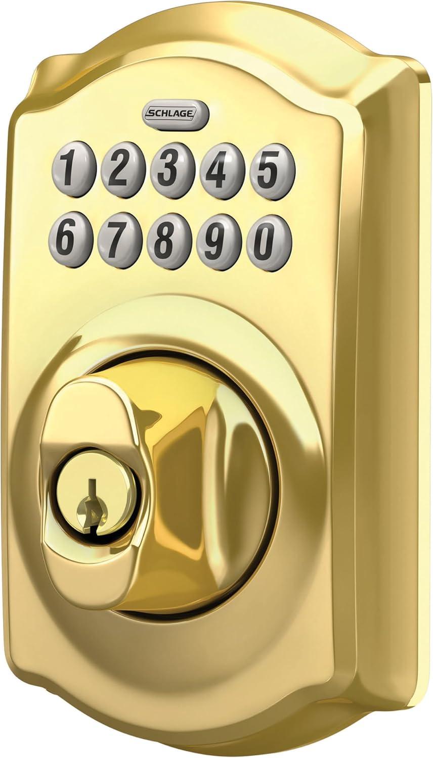 Schlage Be365-Cam Camelot Electronic Keypad Single Cylinder Deadbolt - Brass