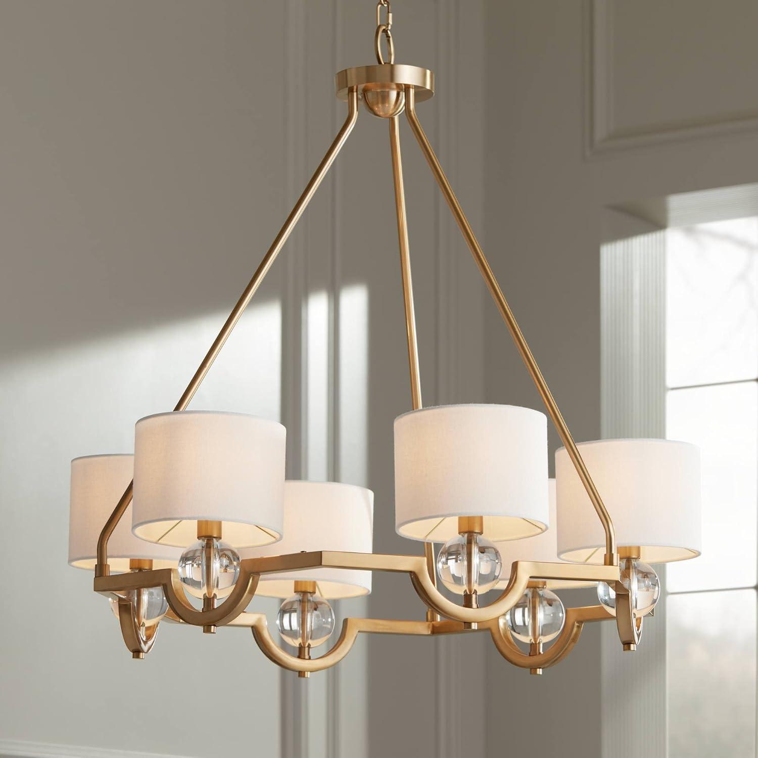 Warm Brass and Crystal 33" Chandelier with Off-White Drum Shades