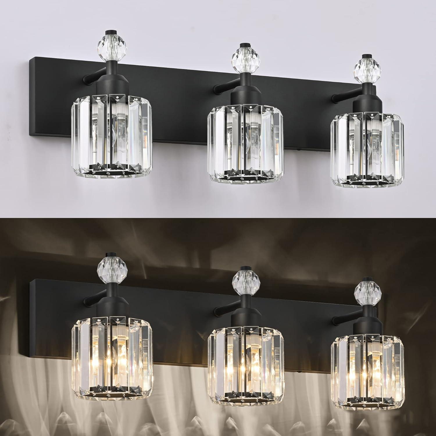 PRESDE Black Crystal Bathroom Lights Fixtures Over Mirror Modern 3 Light Vanity Lighting Bathroom Wall Light Fixtures(Exclude Bulb)
