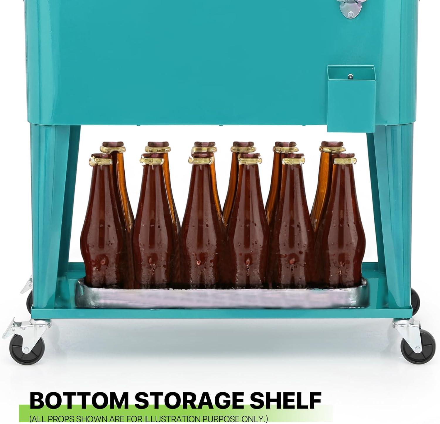 Bring Home Furniture Outdoor 80 Qt Rolling Cooler Cart, with Bottle Opener + Storage Shelf Camping Beverage Ice Chest