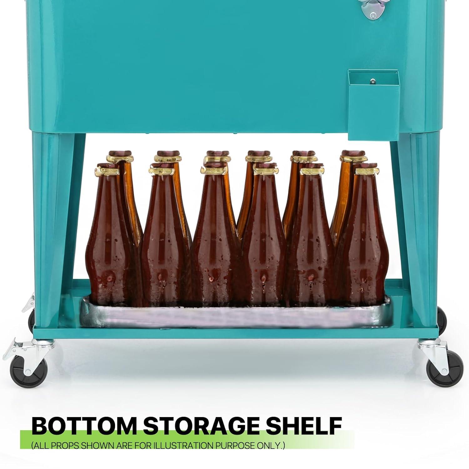 Bring Home Furniture Outdoor 80 Qt Rolling Cooler Cart, with Bottle Opener + Storage Shelf Camping Beverage Ice Chest