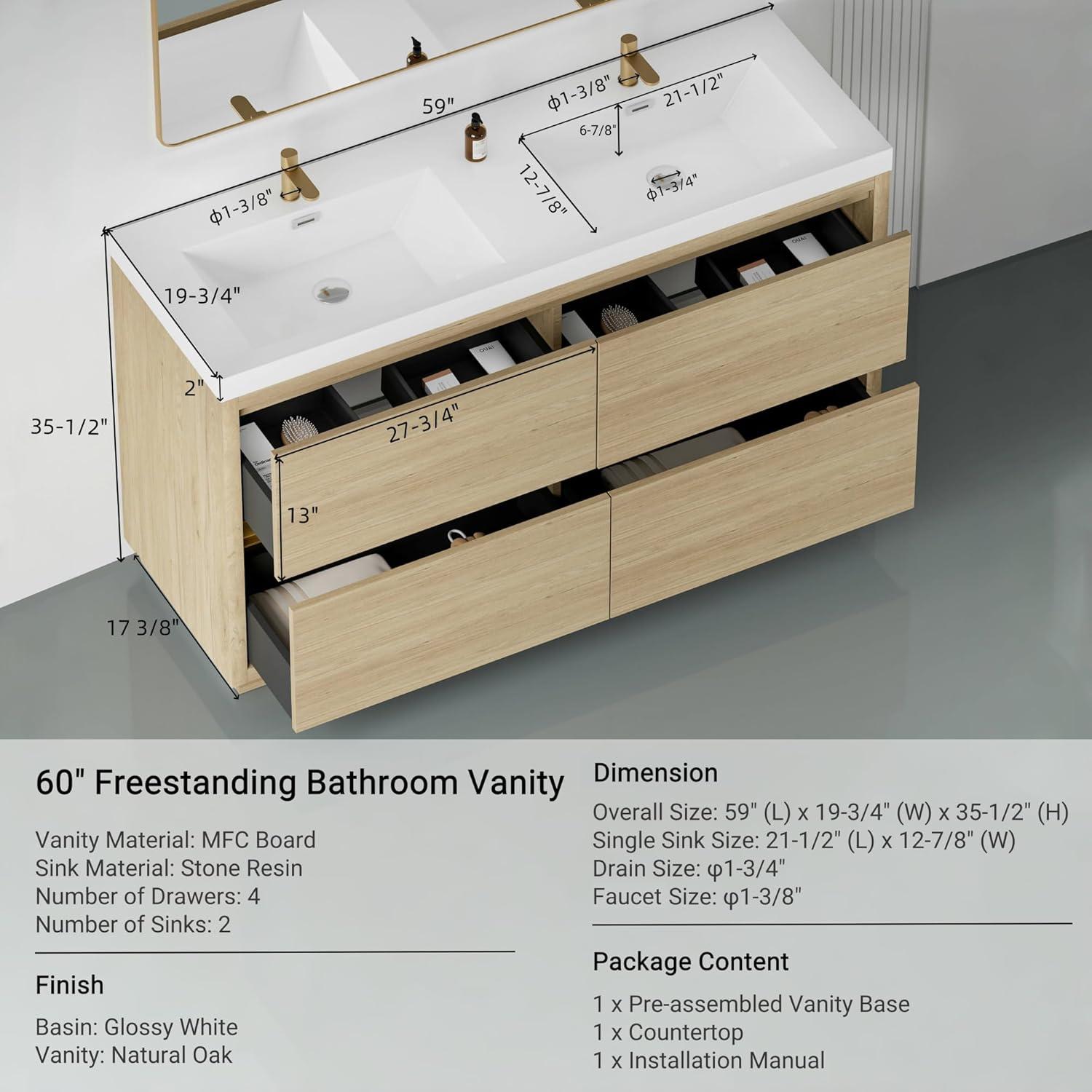 Natural Oak Freestanding Double Sink Bathroom Vanity with White Resin Countertop