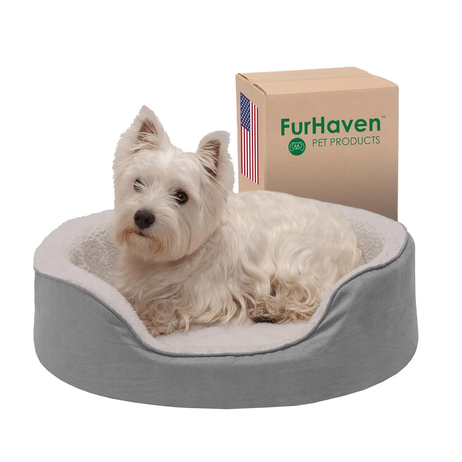FurHaven Faux Sherpa & Suede Oval Dog Bed