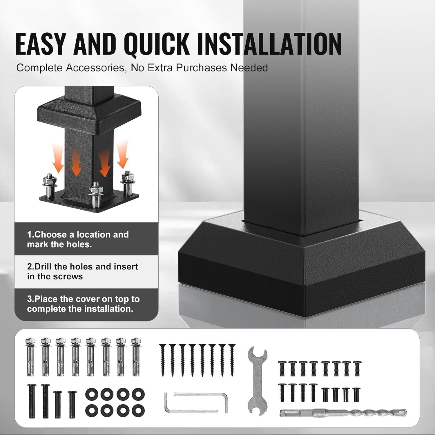 VEVOR Handrails for Outdoor Steps, 2 PCS 2-3 Step Stair Hand Rail Kit, Transitional Carbon Steel Railings with Installation Kit, Stair Rails for Seniors, Concrete & Porch & Deck, Black Square Tube