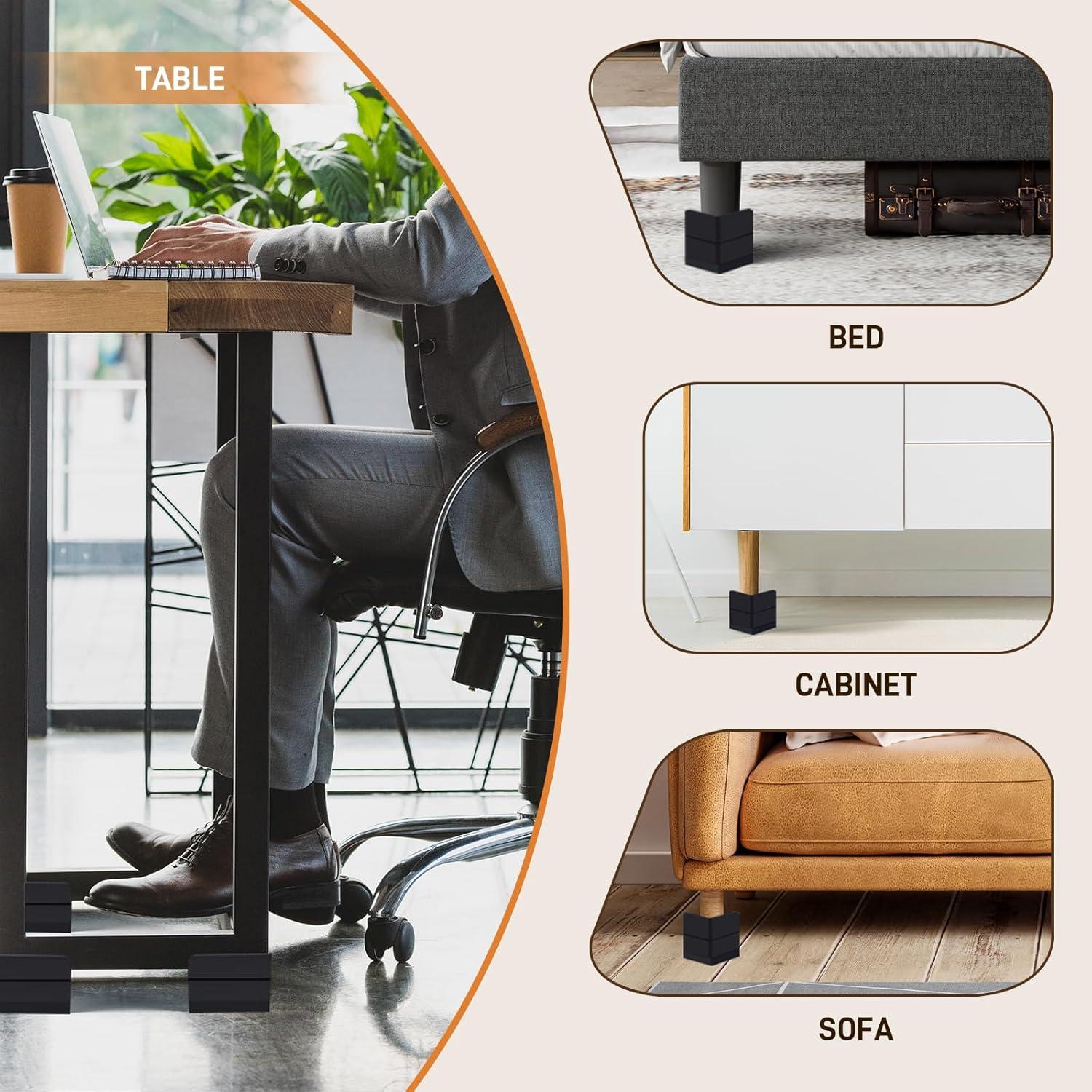 4 Pack Black Adjustable Bed Risers (1 or 3 Inch) for Dorm Beds, Sofas, and Furniture Elevation.