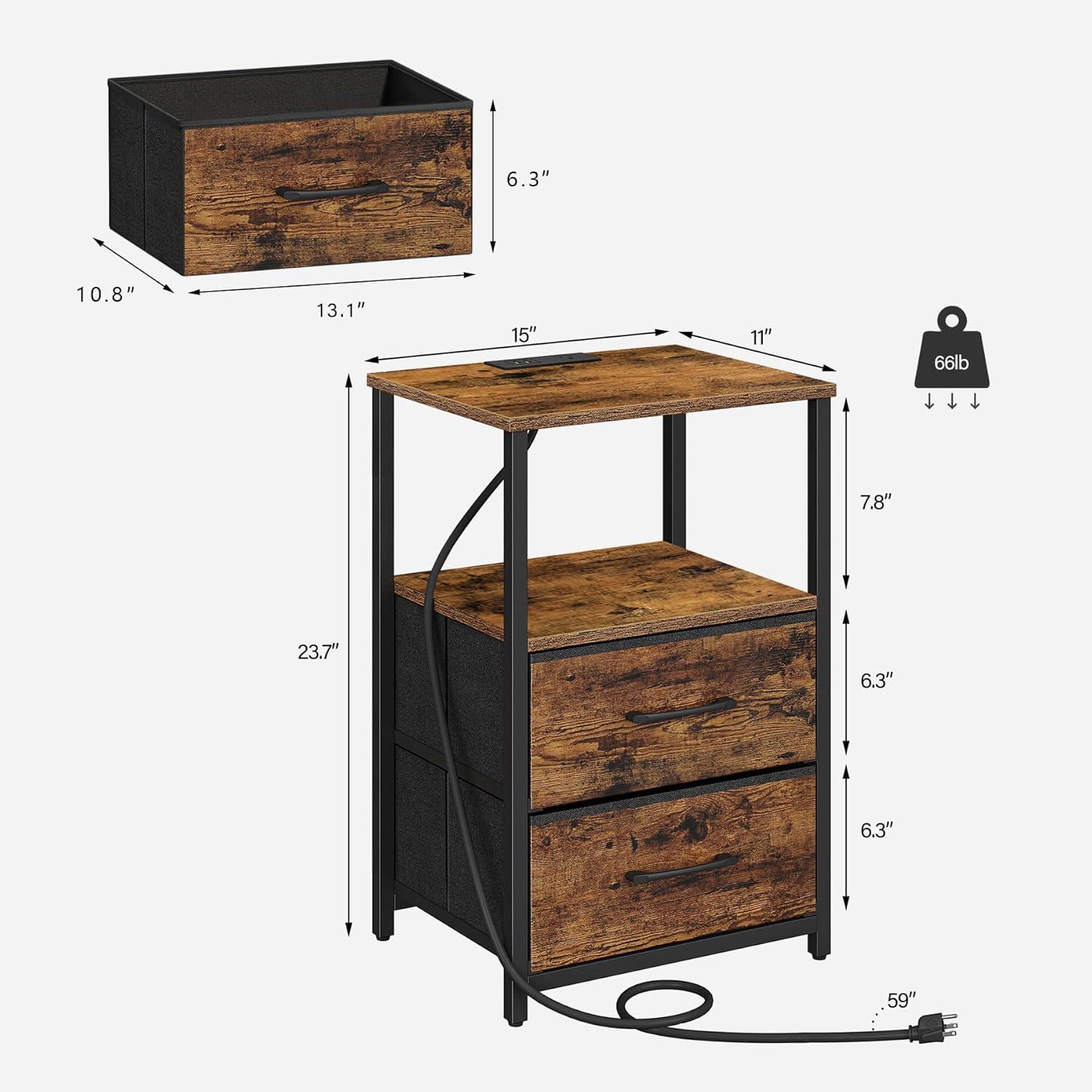 Rustic Brown Wood and Metal End Table with Storage and Charging Station