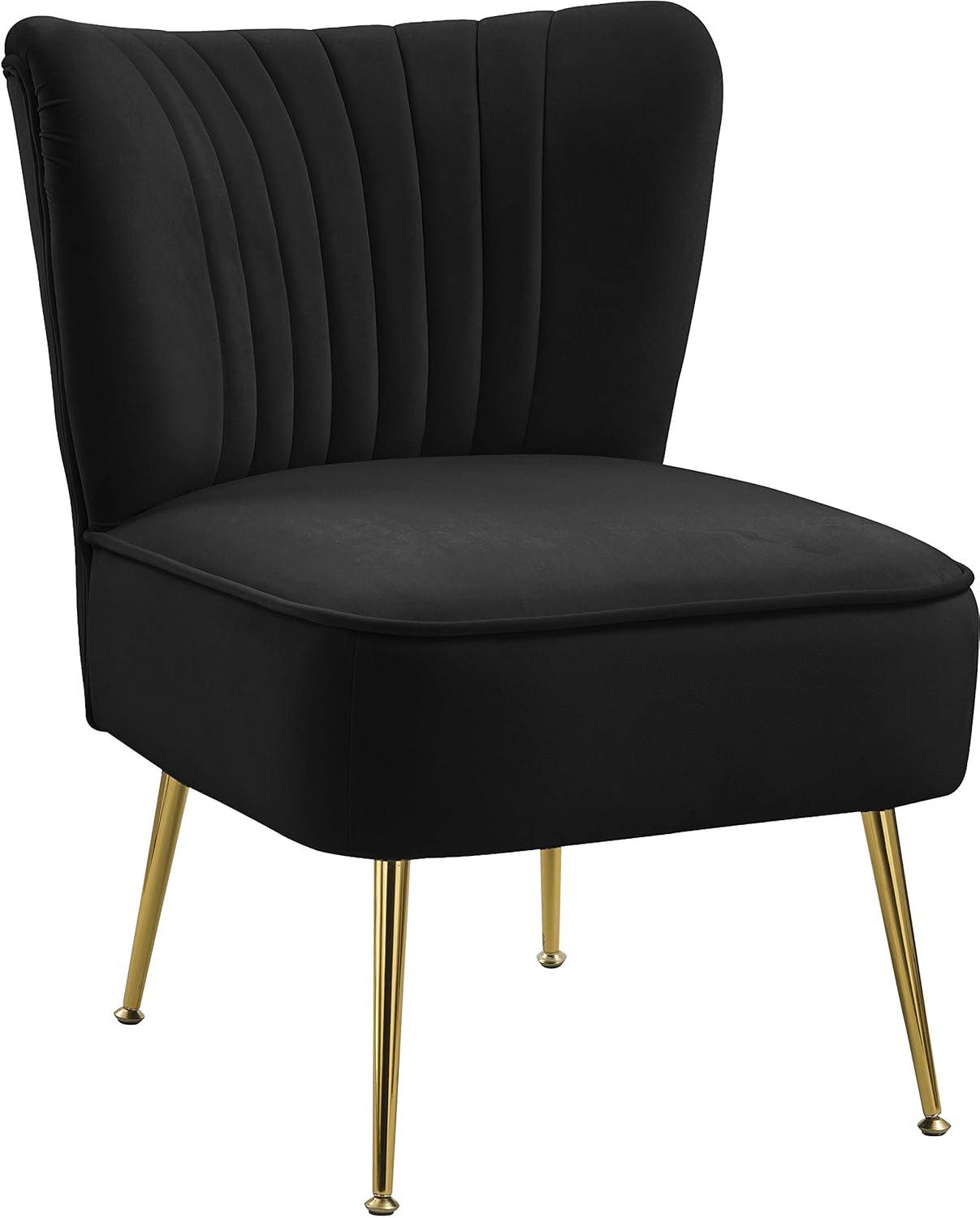 Meridian Furniture Tess Collection Modern | Contemporary Velvet Upholstered Accent Chair with Deep Channel Tufting and Custom Gold Steel Legs, 22.5" W x 26.5" D x 29.5" H, Black
