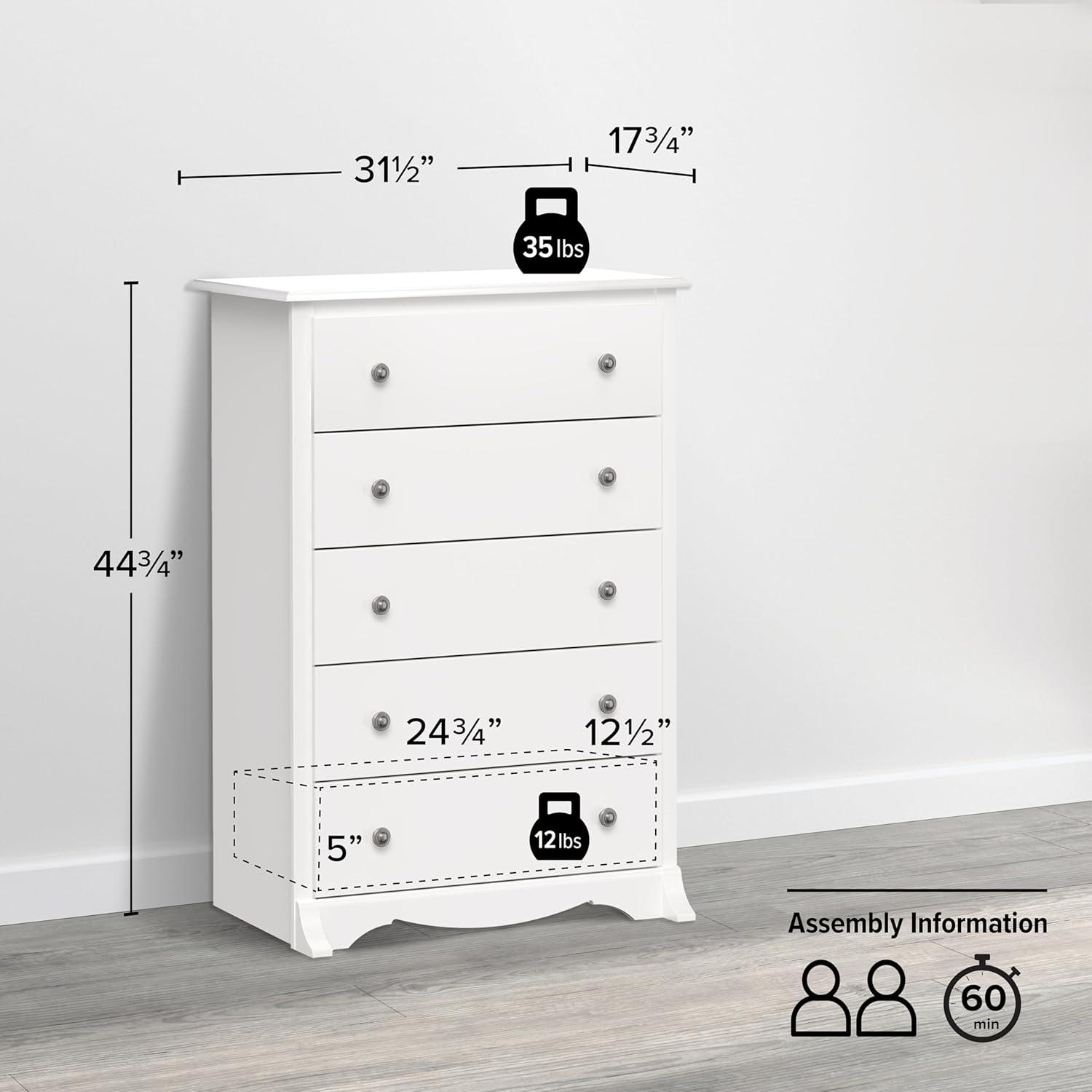 45.25" Monterey Vertical Dresser Cherry - Prepac: 5-Drawer Storage for Bedroom Space Savers
