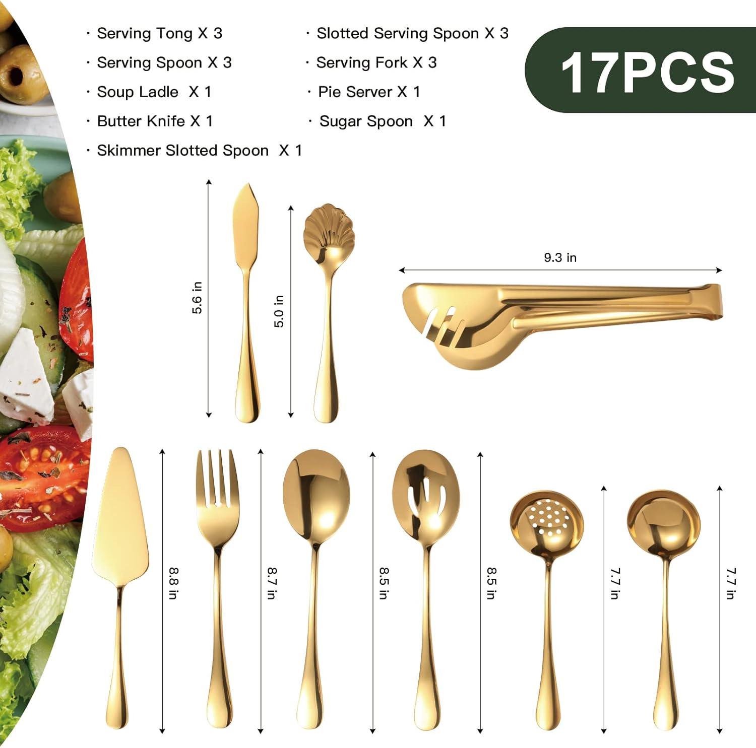 17-Piece Stainless Steel Serving Utensils Set - Modern, Includes Tongs, Spoons, Forks & More, Perfect For Weddings & Family Gatherings