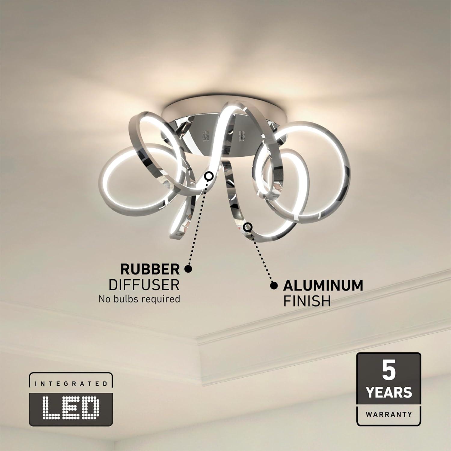 artika Swirl Ribbon 28W LED Modern Flush Mount Ceiling Light Fixture, Chrome Ideal for Bedroom, Hallway, Kitchen - 1800 Lumens 3000 Kelvin, No Bulb Required