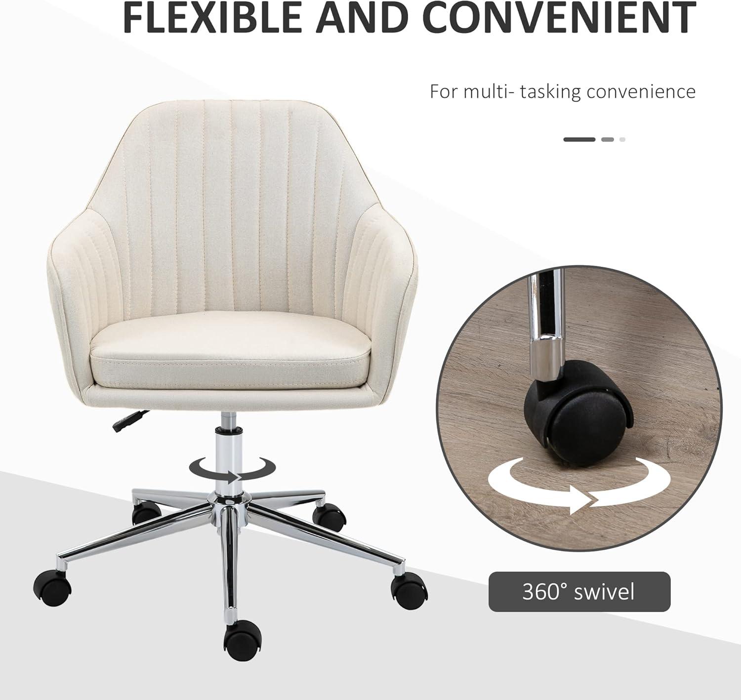 Vinsetto Mid-Back Task Chair, Fabric Home Office Chair, Swivel Desk Chair with Tub Shape Design & Lined Pattern Back for Living Room, Bedroom, Beige