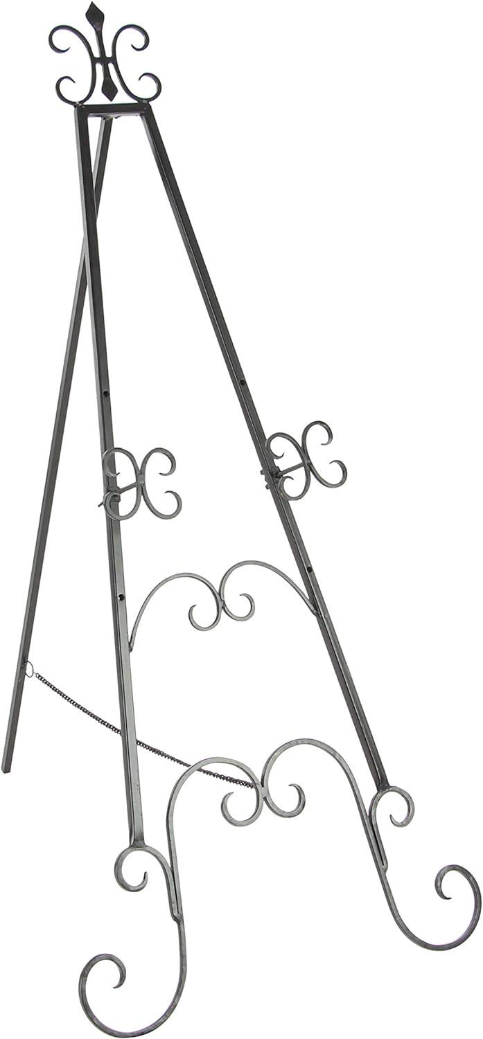 DecMode 23" x 49" Black Metal Adjustable 3 Tier Scroll Easel with Chain Support, 1-Piece