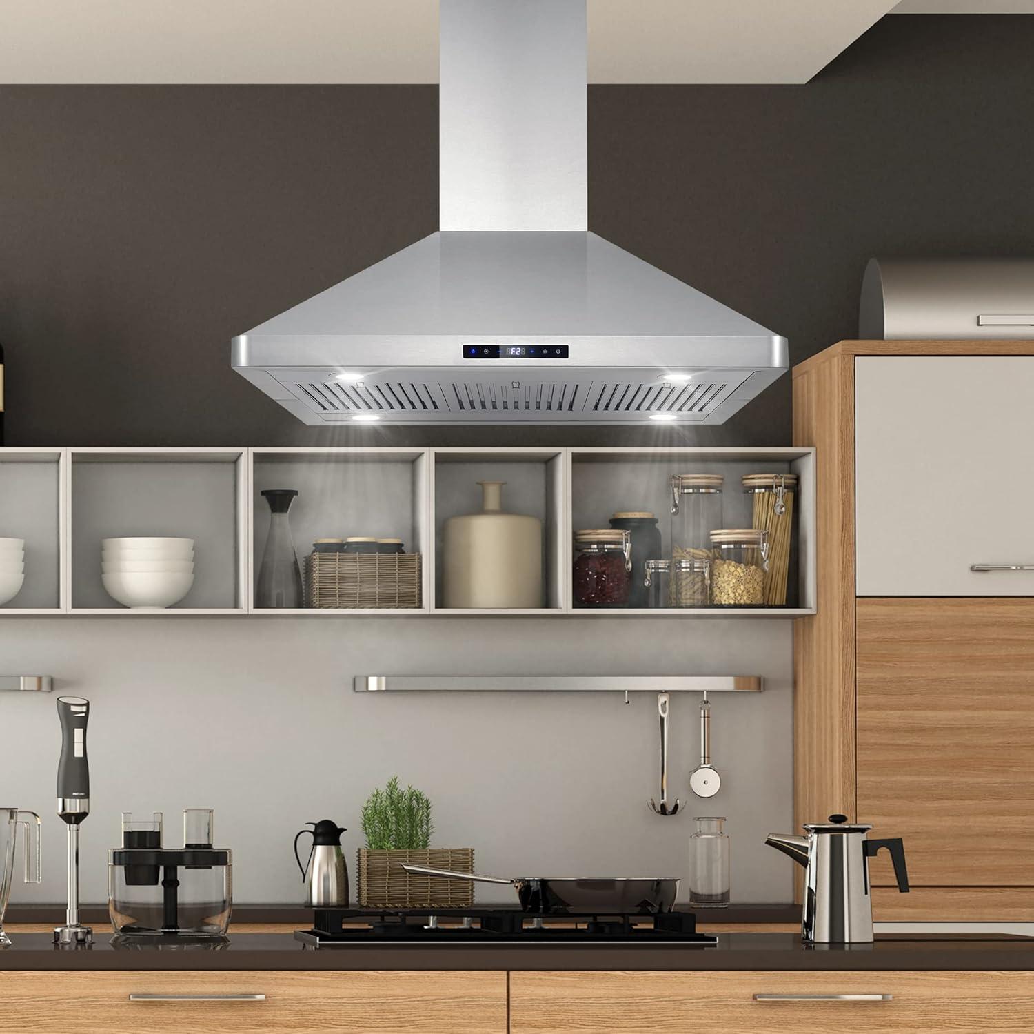 36-Inch Stainless Steel Convertible Island Range Hood with LED Lights